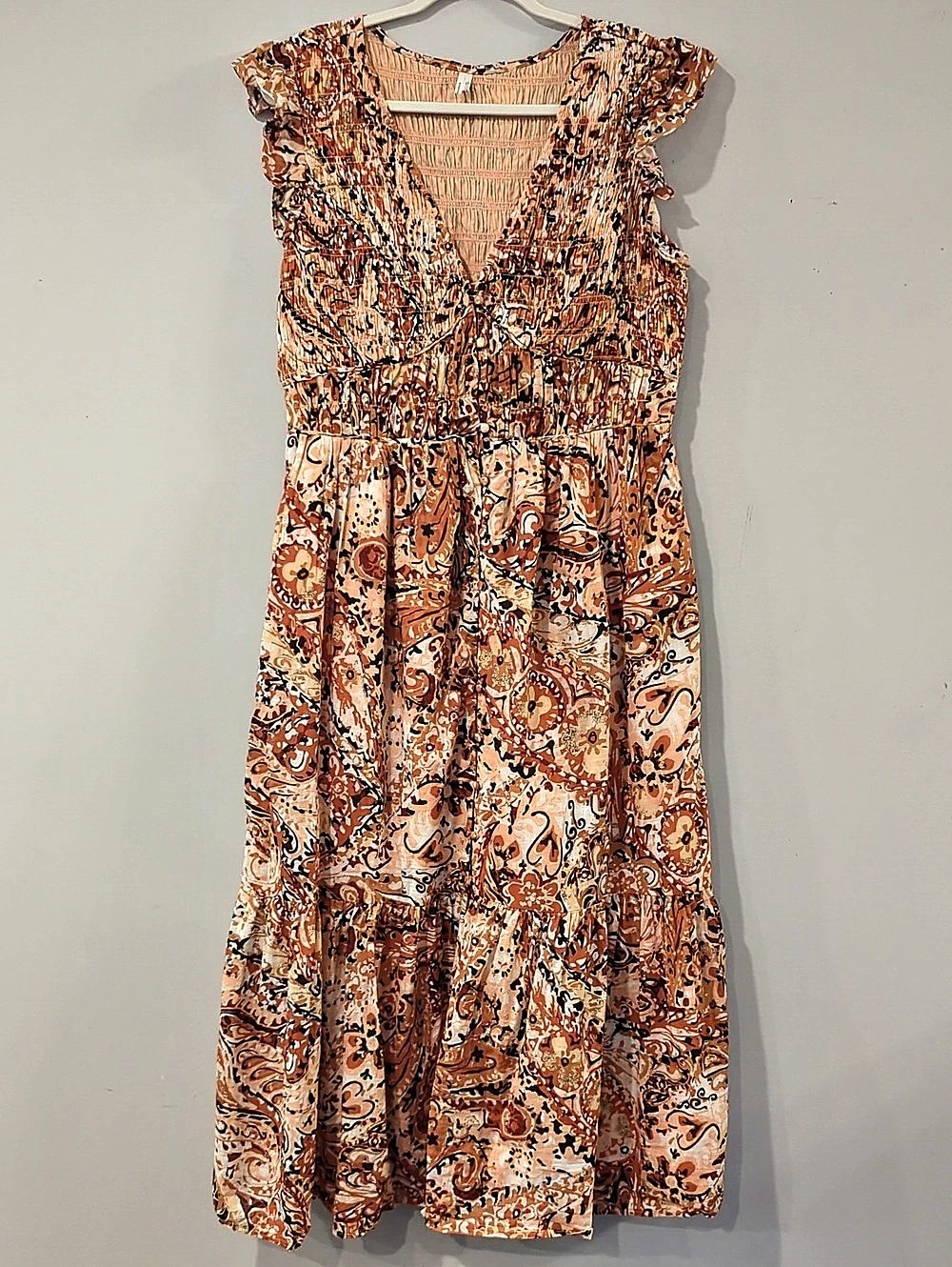 Anthropologie Midi Dress Fall Autumn Smocked Button Front Paisley Brown Orange